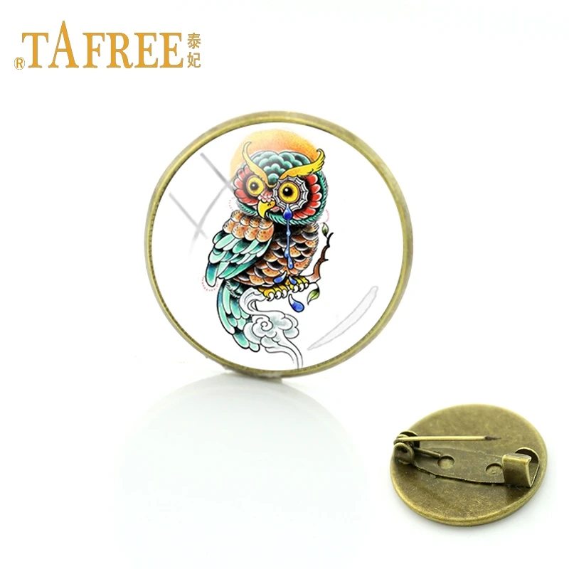 

TAFREE Hand drawn colorful mascot owl Antique Bronze Plated Brooch Glass Cabochon Dome Art Picture Pin Women Jewelry FQ213