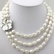 Очень хорошо Потрясающие 3 Ряда Белый Пресной Воды Жемчужное Ожерелье 8-9 мм 1" Природный серебряный