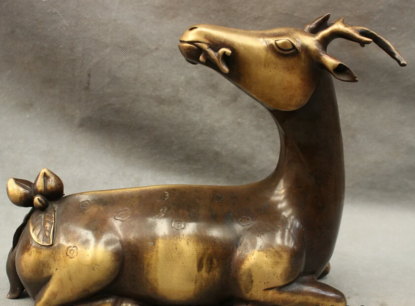 

S5457 11"Chinese Pure Bronze Copper Animals Longevity Shou Peach Deer Statue Sculpture D0318