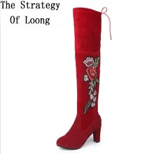 Осенне-зимние высокие сапоги выше колена в европейском и американском стиле сапоги из флока на высоком каблуке с вышивкой размера плюс с круглым носком 20181029