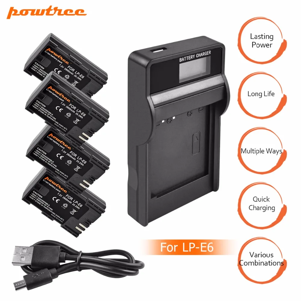 

4X LP-E6 LPE6 LP E6 Li-ion Battery+LCD Battery Charger for Canon 5D Mark II Mark III EOS6D 7D 60D 60Da 70D 80D DSLR EOS 5DS L10