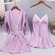 Женский атласный комплект из 2 шт. для сна, ночная рубашка и халат, Сексуальный Кружевной Костюм-двойка, Повседневная Домашняя одежда, летнее кимоно, банное платье