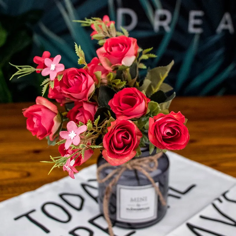 10 головок/1 комплект шелковые розы, искусственные цветы букет чай Роза для свадьбы аксессуары для дома Декор комнаты - Цвет: Красный