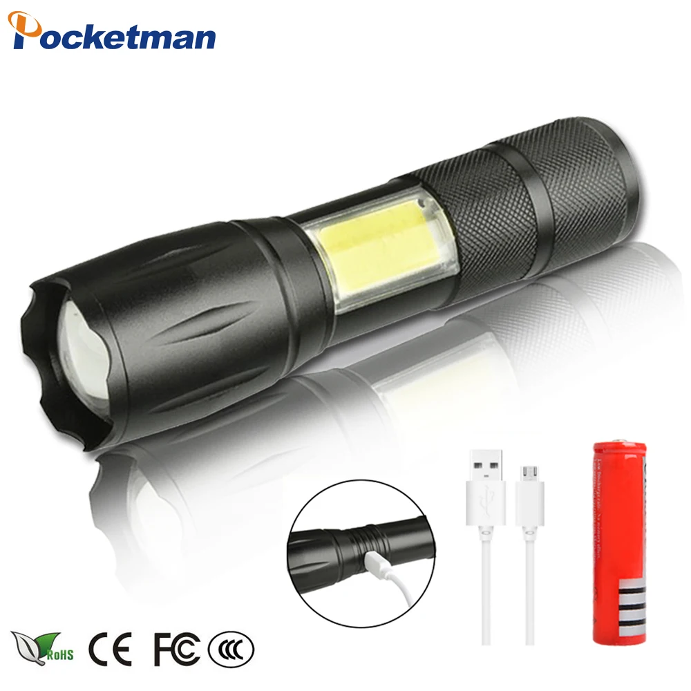 

LED Flashlight XML-T6+COB 5000LM Torch Waterproof Light Micro USB Port Lantern 4 Modes Zoomable Lamp for Camping 18650 battery