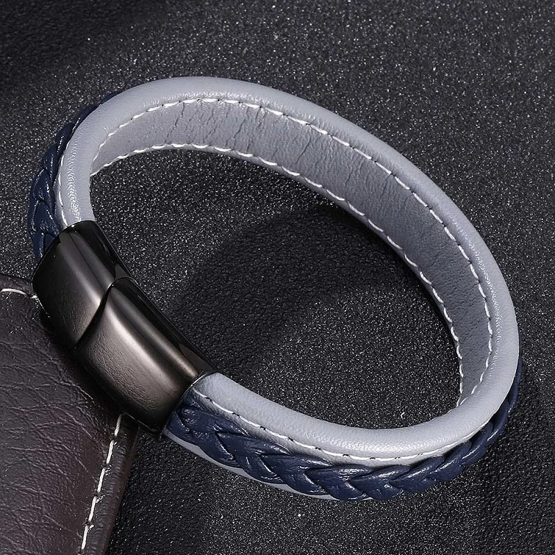 

Charm Bracelets for Men Gray Blue Leather Braided Bracelet Bangles 3 Colors Magnetic Buckle Male Wrist Band Jewelry Gifts 0011