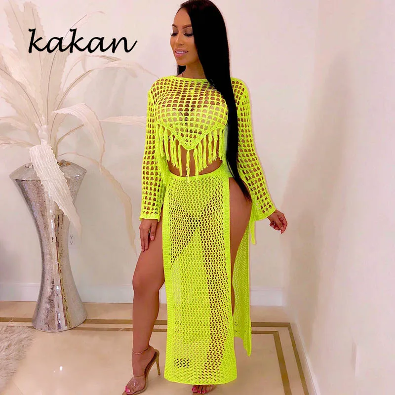 

Kakan sexy perspective hollow handmade fringed skirt set 2019 summer new best selling women's dress two-piece