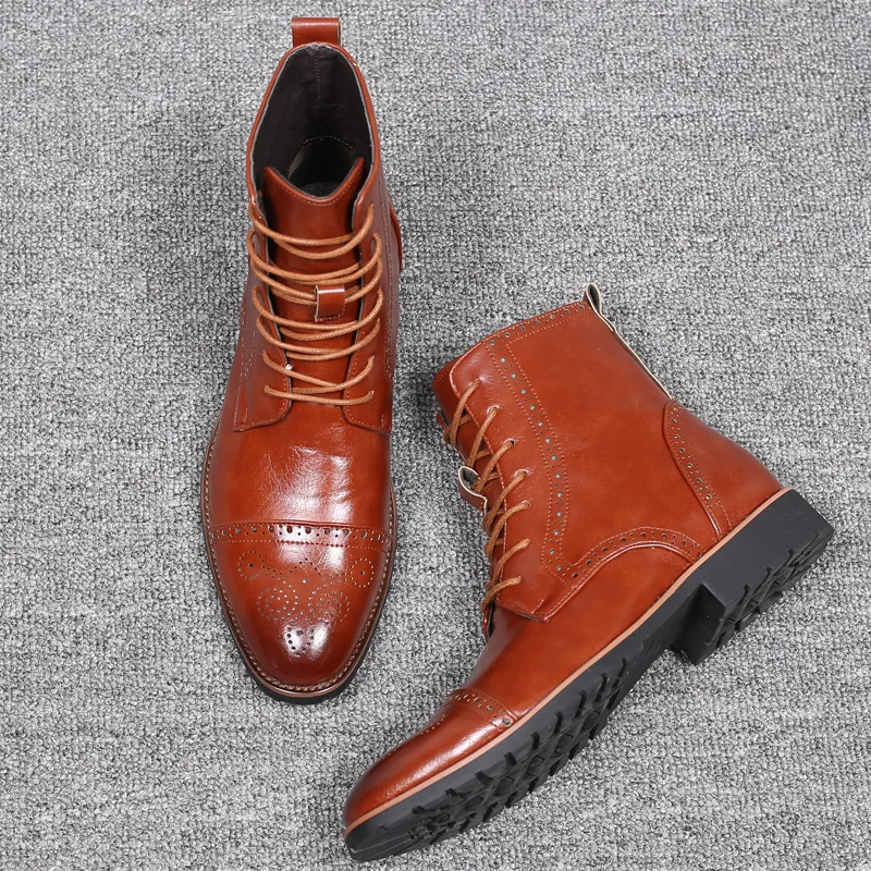 Cuir Hommes Mode Automne Dxkzmcm Mi Noir Cheville Hiver mollet Bottes Moto Rétro marron En Richelieu SzwqqFxA