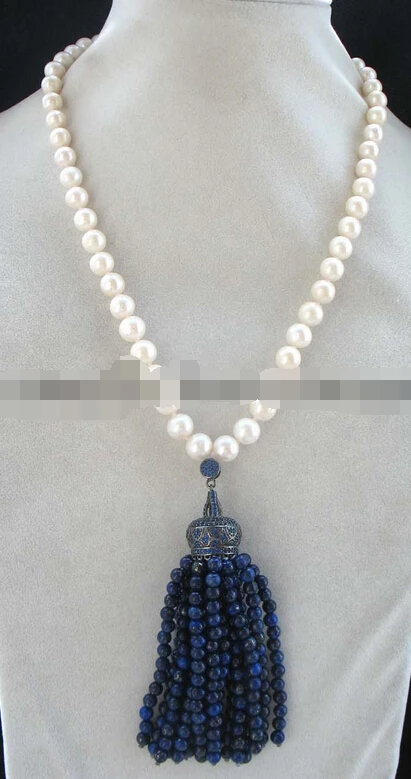 

free shupping 08149 freshwater pearl white round 9-10mm lapis lazuli necklace 18