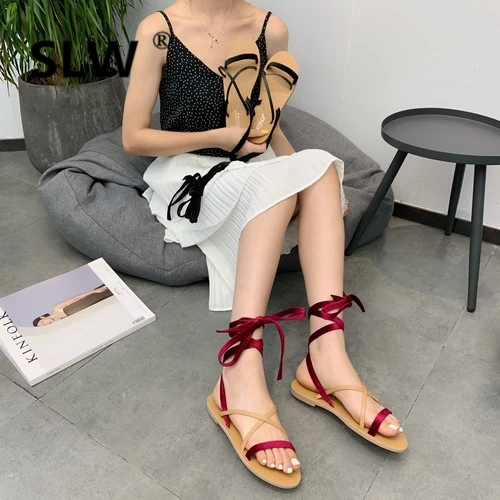 

All-Match Female Sandal Sandals Straps Beach Shoes Shallow Mouth Cross 2019 Summer Ladies Lace Up Sandals Woman Fashion Beige