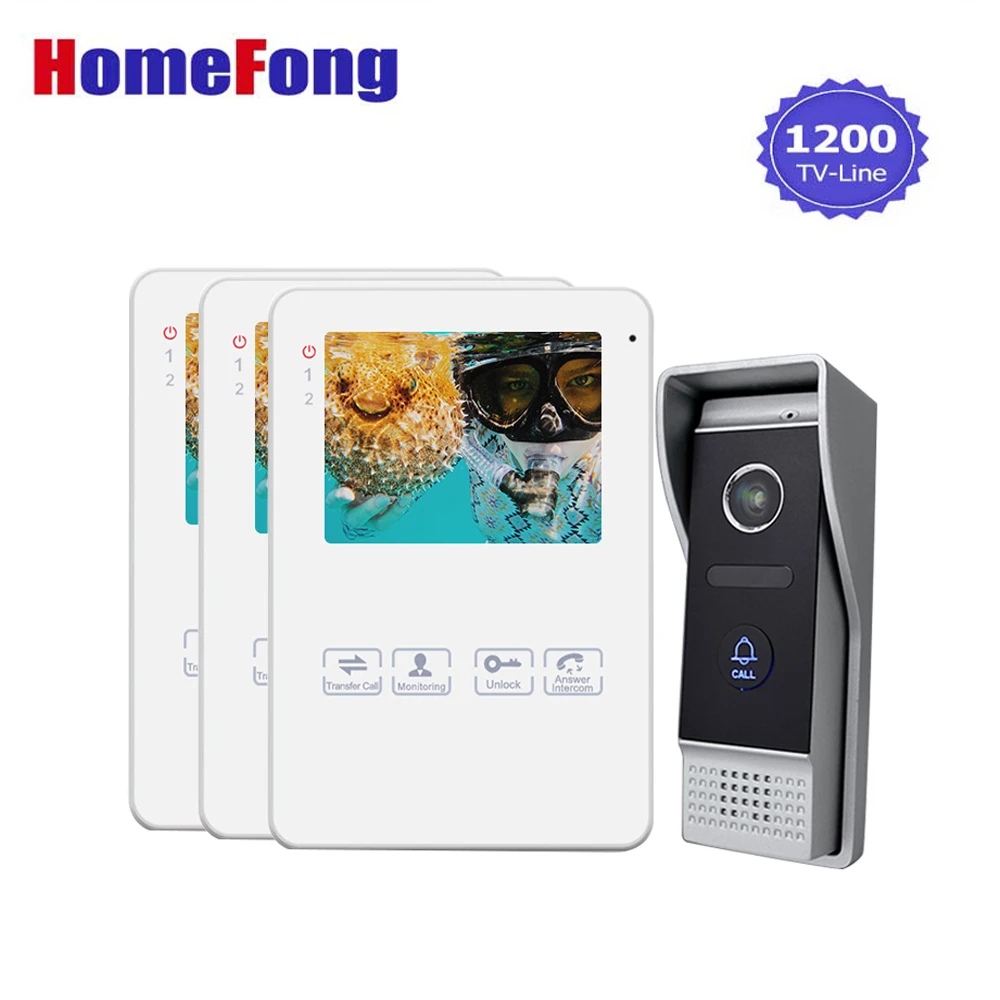 

Homefong Video Door Phone Intercom Doorbell Touch Button 3 Monitor 1 to 3 Video Doorbell with Camera Unlok Recording Talk