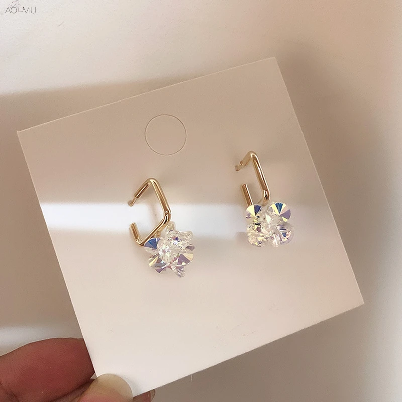 

AOMU 2019 New Hot Fashion 925 Silver Pin Golden Metal Geometric Square Color Crystal Drop Earrings Jewelry for Women Girl Party