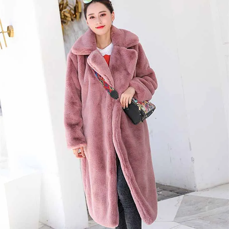 Новая модная шуба из искусственного кроличьего меха, женская зимняя куртка, большие размеры, утолщенная теплая длинная куртка, Женская свободная повседневная меховая верхняя одежда G266