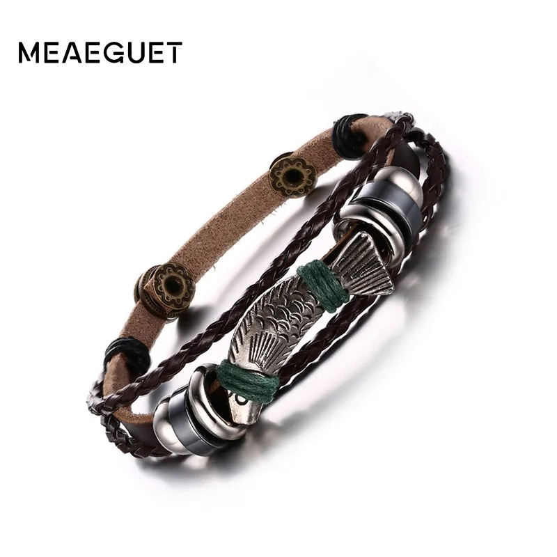 

Meaeguet Brown Genuine Leather Layered Bracelets & Bangles Fish Charm Leather Rope Bracelets Lucky Jewelry Adjustable
