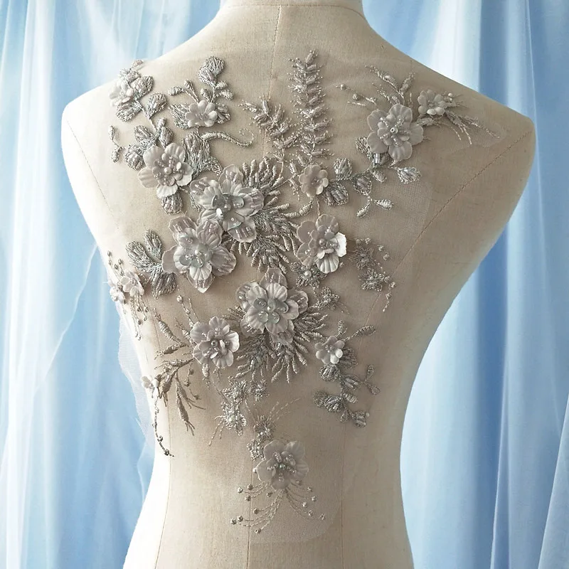 

2 pieces Delicate 3D pearl heavily beaded flower lace applique in peach navy black gray off white blue wine red champagne