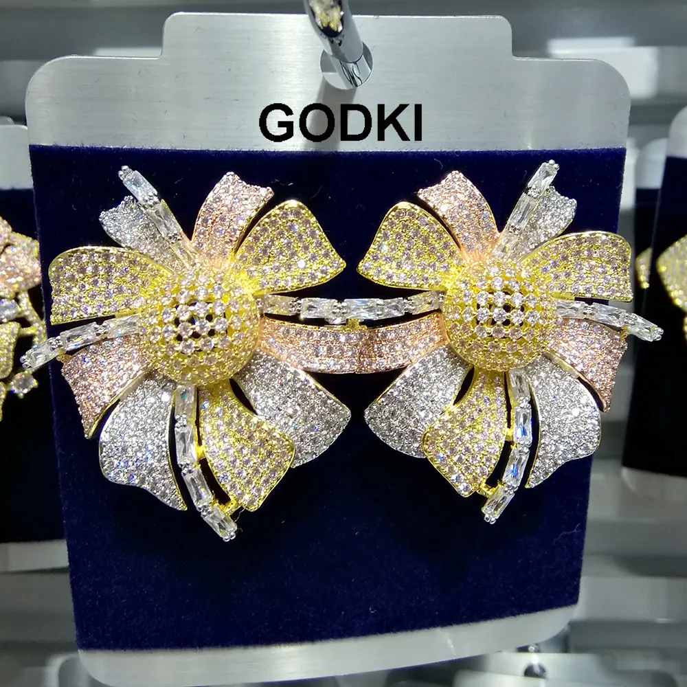 

GODKI Trendy Luxury Big 3 Tone Hollow Flower Stud Earrings For Women Wedding Cubic Zircon CZ Indian Bridal Earrings Bohemia Hot