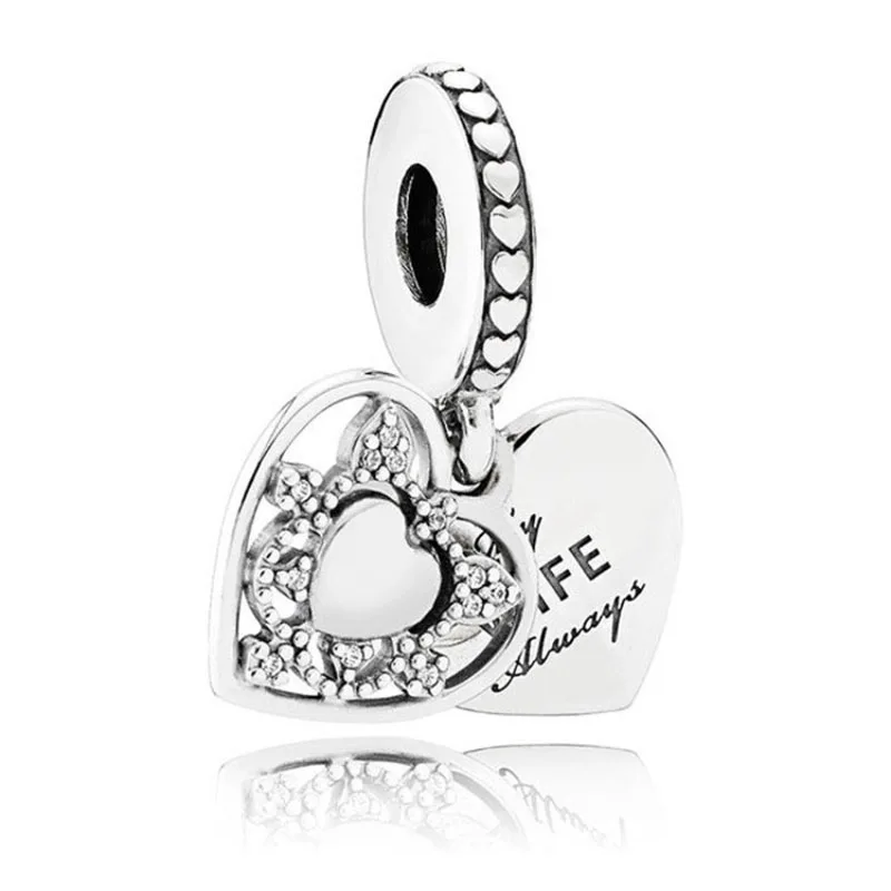 

925 Sterling Silver Bead Charm Love Heart My Wife Always Pave Crystal Pendant Beads fit Pandora Bracelet & Bangle DIY Jewelry