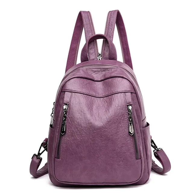 Известный бренд, высокое качество, кожаный женский рюкзак, простой дизайн, двойная молния, школьная сумка на плечо для колледжа, Mochila Feminina - Цвет: Purple