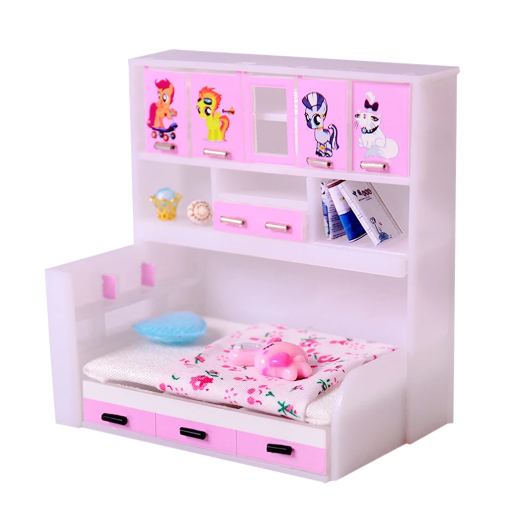 ABS Miniature Cabinet Bed Model For 1/12 Dolls House Children Bedroom Furniture Life Scenes Decor Room Accessory