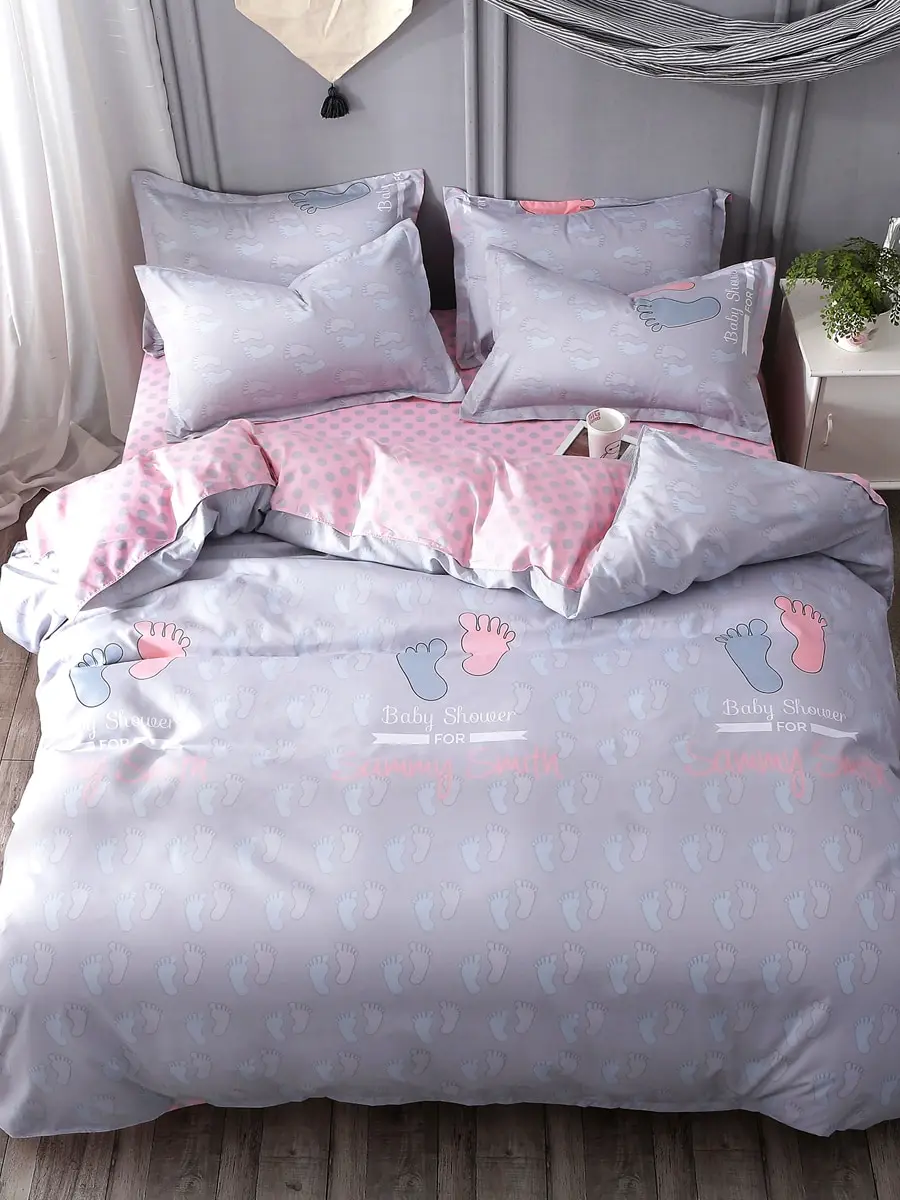 

3/4Pcs Bedding Set Cartoon Cute Footprint Printed Supple Bedsheet Set