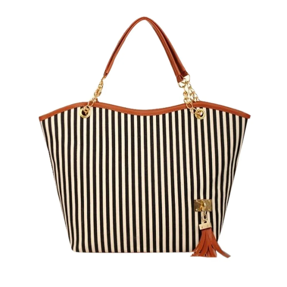 Women Stripe Tassels Chain Canvas Shopping Handbag Female Shoulder Bag Large Tote Shop Bag Beach bag ladies bags bolsa feminina