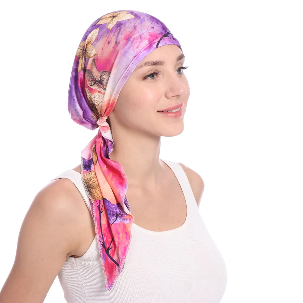 Мусульманские женщины хлопок Мягкий тюрбан с принтом шляпа рак шапочка при химиотерапии капот шапки предварительно связанный шарф головной убор Головные уборы головные уборы аксессуары для волос - Цвет: Purple