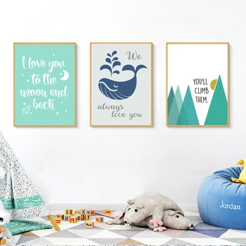 

Mint Green I Love You to The Moon and Back Nursery Decor Canvas Painting Posters and Prints Wall Art Pictures for Kids Room