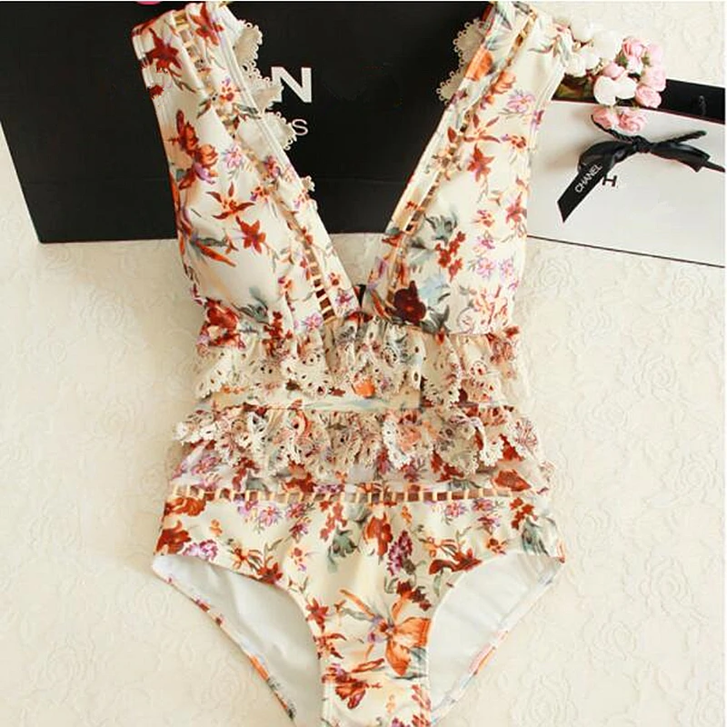 

Deep V Lace One Piece Swimsuit Women Floral Print Swimwear Summer Swim Hollow Sexy Beach Wear High Waist Bathing Suit 2109 New