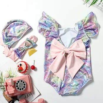 

Hot Mermaid ruffle baby swimsuit one-piece beach wear princess mermaid bathing suit match hat and hairband Free Shipping YZ19004