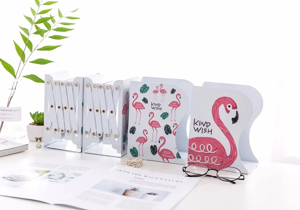 Desktop ajustável metal flamingo bookends não-skid expansão