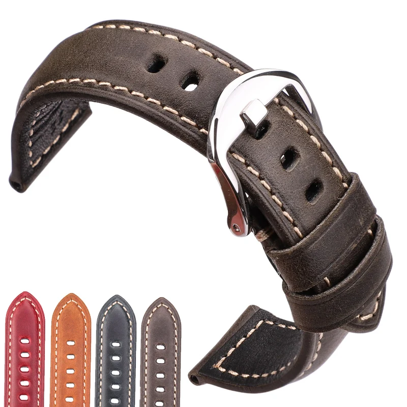 

Smooth Genuine Leather Watchbands Bracelet 20 22 24 26mm Blue Green Red Brown Watch Band Strap Silver Polished Screw In Buckle