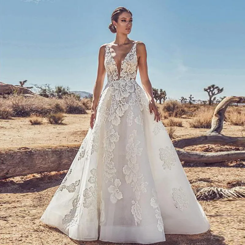 

Vestido De Noiva Sexy Backless A-Line Applique Wedding Formal Dresses 2019 Romantic Robe De Mariage V-neck Elegant Bridal Gowns