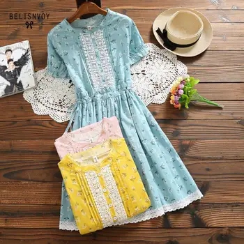 

Mori Girl Cotton Linen Dress New Women Short Sleeve Floral Printed Summer Dresses Crochet Patchwork Ruffles Femininos Vestidos