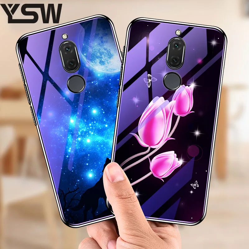 

YSW Tempered Glass Case For Huawei Mate 10 Lite Plating Blue Light Luxury Tempered Glass Case Flowers Pattern For Huawei Nova 2i