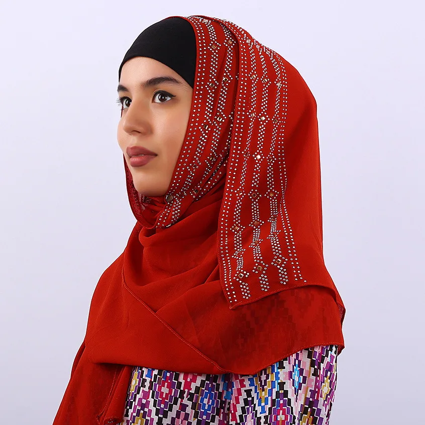 

Exquisite Solid Color Woman hijab Rhinestone Chiffon Popular Shawls Scarf Headband Muslim Hijab Turban 14 Colors Free Shipping