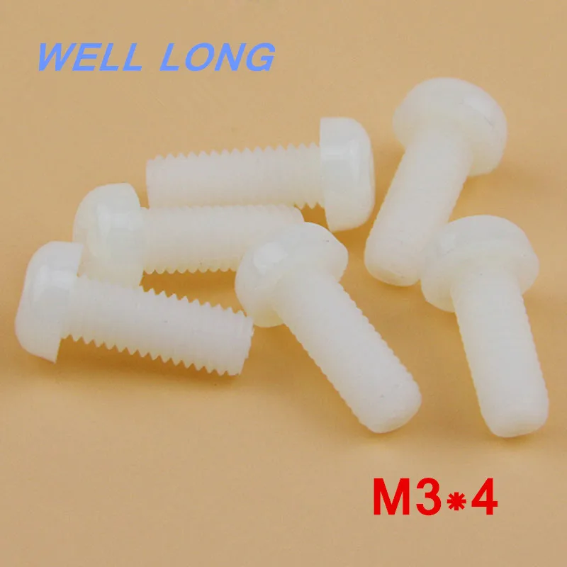 100pcs/lot M3*4mm White Round head cross nylon screws, pan head plastic
