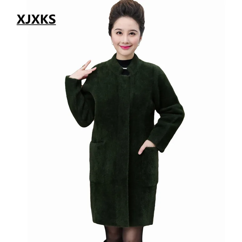 XJXKS, длинное пальто для женщин среднего возраста, одежда из смешанных материалов, пальто, L-XXL, повседневное, удобное, теплое, свободное, высокое качество, Женское шерстяное пальто - Цвет: Зеленый