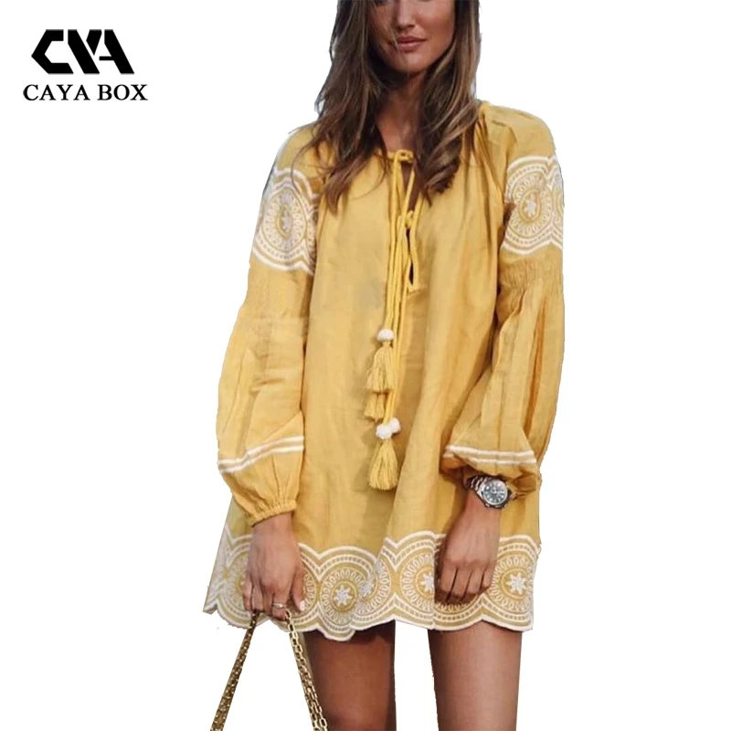 CAYA BOX 2017 autumn long sleeve embroidery floral bohemian dress boho clothing ladies puff