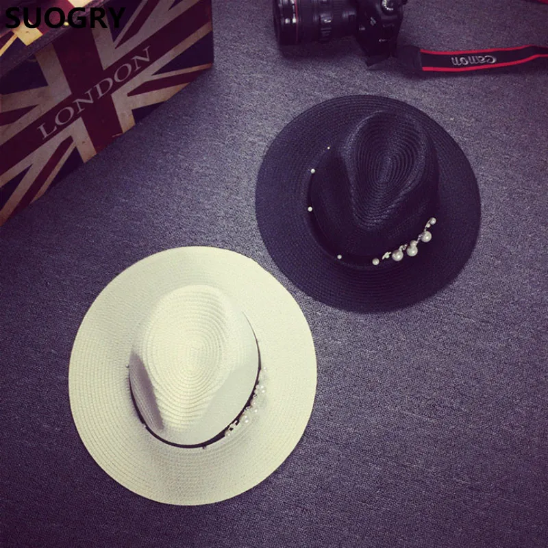 

SUOGRY New Spring Summer Hats For Women Flower Beads Wide Brimmed Jazz Panama Hat Chapeu Feminino Sun Visor Beach Hat Cappello