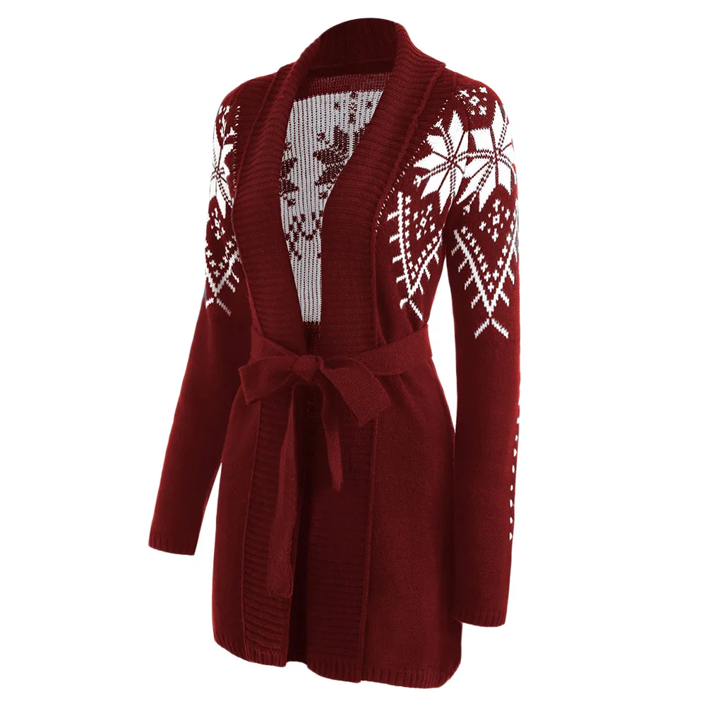 Wisala со снежинками, жаккардовый кардиган с воротником-шалью и поясом, женский модный геометрический вязаный свитер, кардиган, Черная Женская верхняя одежда - Цвет: Wine Red