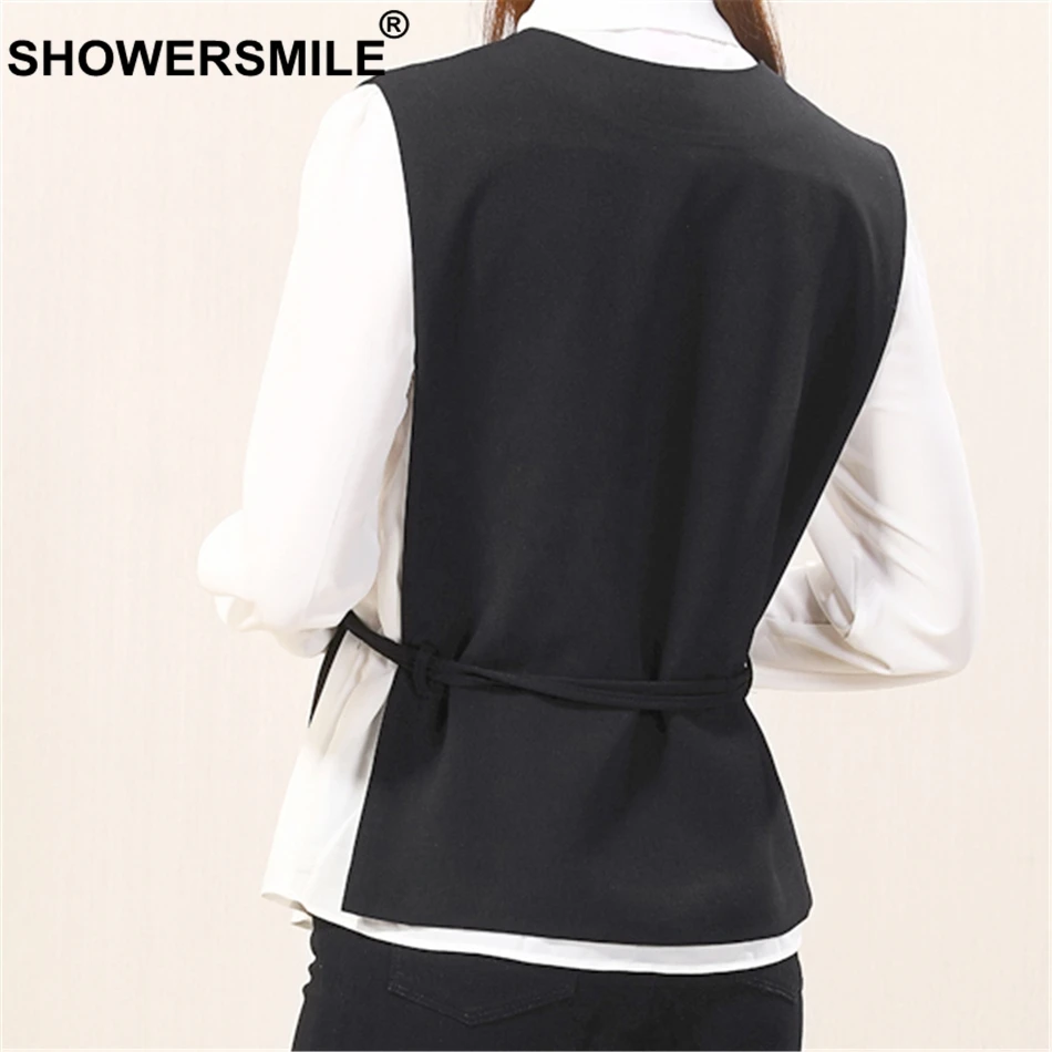 RAINIE SEAN Black Blazer Vest Women Slim Fit Lace Up Formal Sleeveless Jacket Female Adjustable Waist Spring Vests Waistcoat