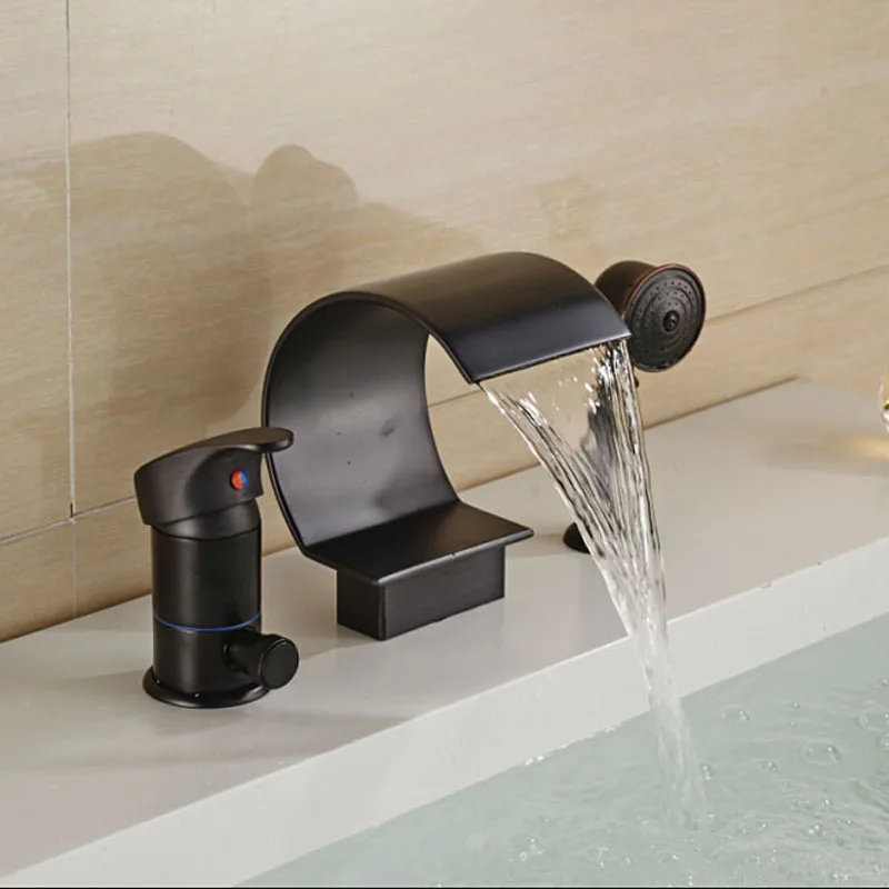 Luxury Single Handle Widespread Bathtub Mixer Taps Deck Mount Waterfall Spout with Handheld Shower