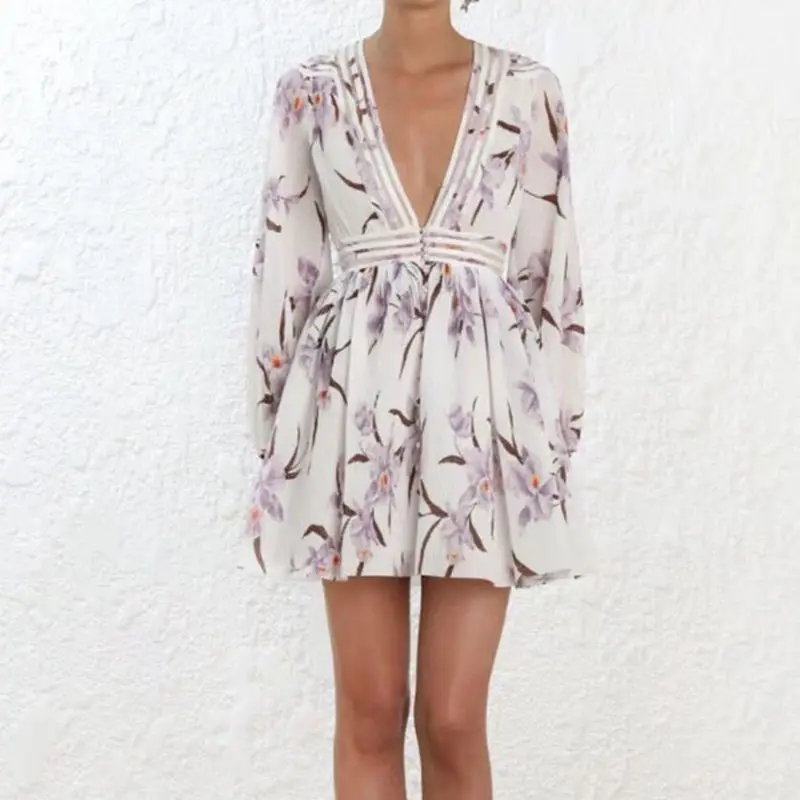 

Women Print Pleated Dress Runway V Neck Short Dresses 2019