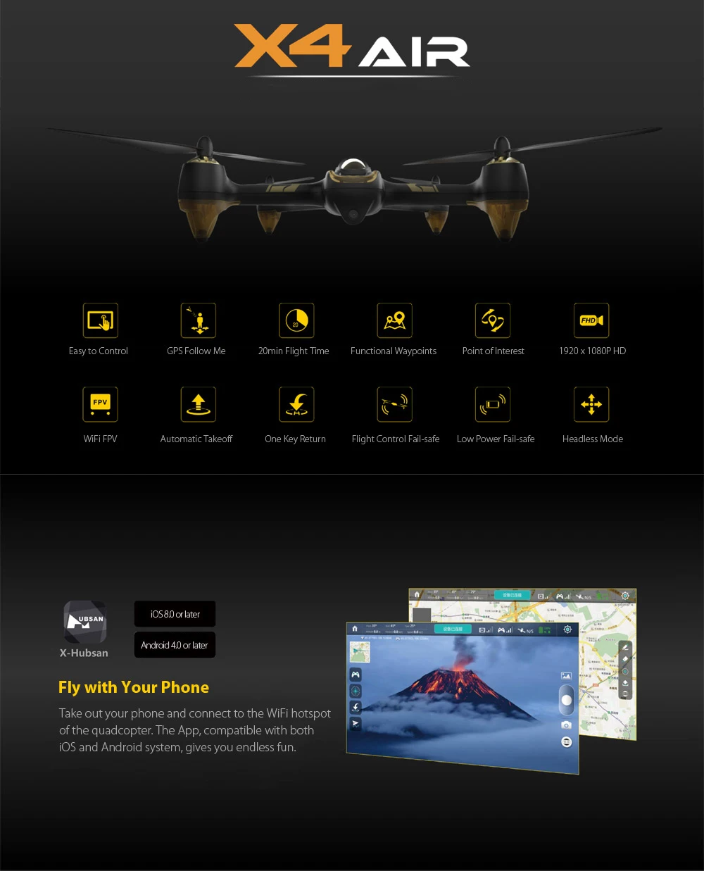 HUBSAN X4 AIR H501A RC Drone Dron WiFi FPV 1080P HD Brushless Quadcopters with light Point Of Interest Drones GPS Follow Me Mode
