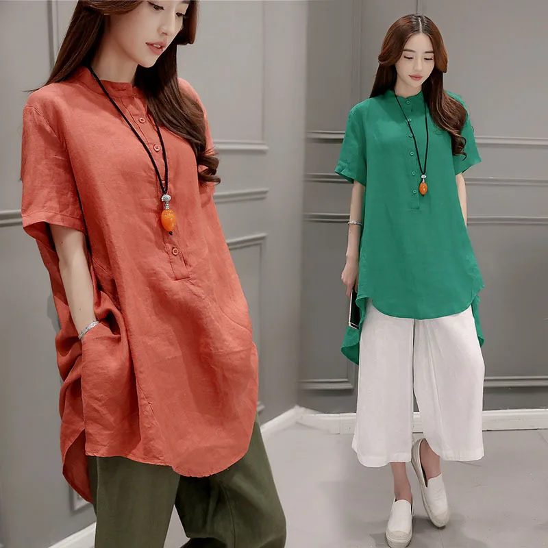 

Summer Women's Suit Linen Two-piece High-grade Flax Long Short-sleeved Shirt Loose Wide-legged Pants