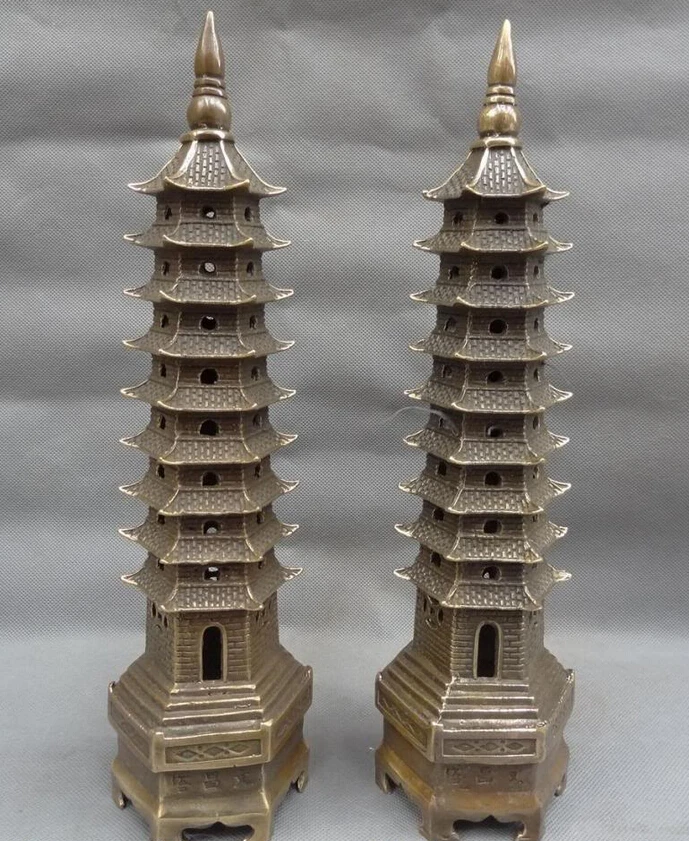 

S5391 12" Chinese Bronze Copper Buddhism Oblation Pray Stupa Pagoda Tope Statue Pair D0318
