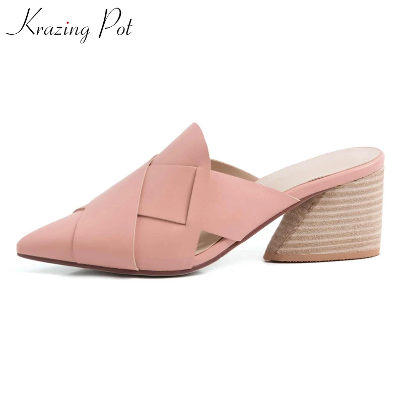 

Krazing pot gladiator genuine leather summer colorful candy pointed toe female mules shallow model runway show brand pumps l21