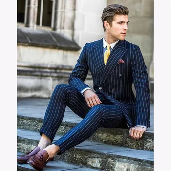 

Navy Blue Stripe men wedding suits Slim Fit 2 Pieces Groom Tuxedo Custom Double Breasted mens Suit Prom Blazer terno masculino