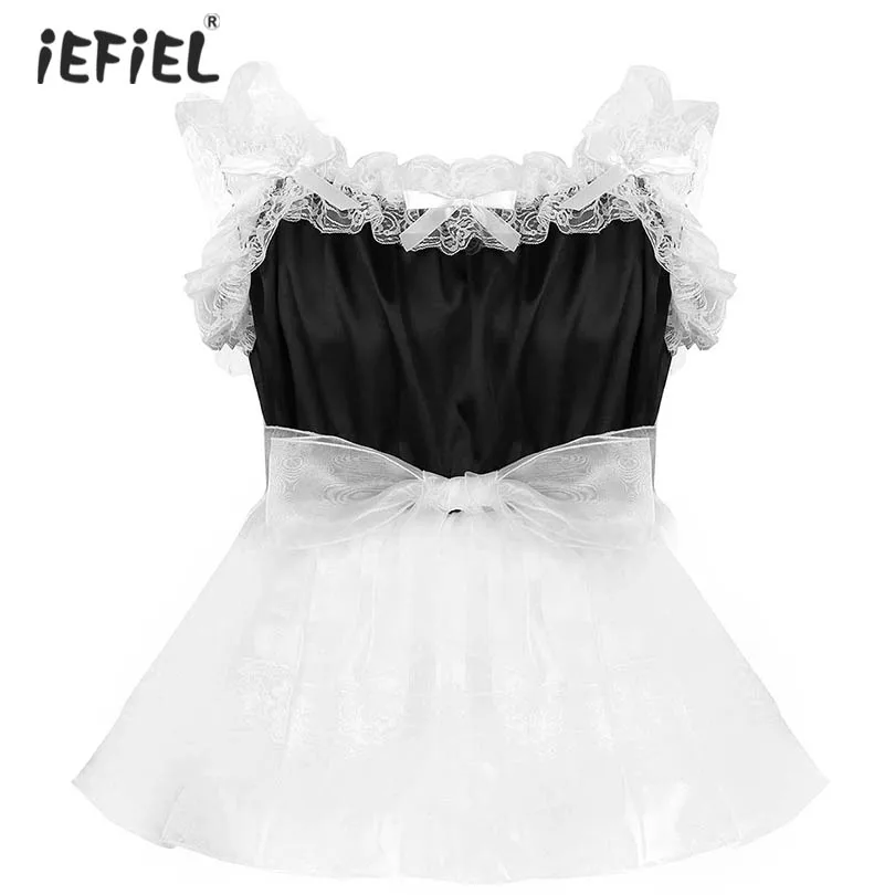 

Gay Men Sexy Lingerie Sissy Dress Baby Doll Smooth Elastic Frilly Ruffled Lightweight Satin Lace Tulle Dress Nightwear with Belt