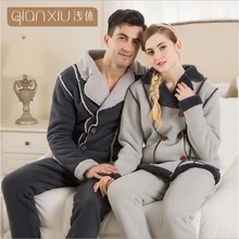 Зима, парные пижамные комплекты размера плюс, Женский утолщенный теплый Пижамный костюм из овечьей шерсти, мужской костюм с длинным рукавом, пальто с отложным воротником+ штаны