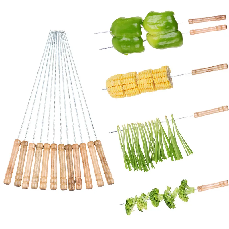 Wooden Handle Barbecue Skewers Stainless Steel BBQ Meat Prod BBQ Skewer